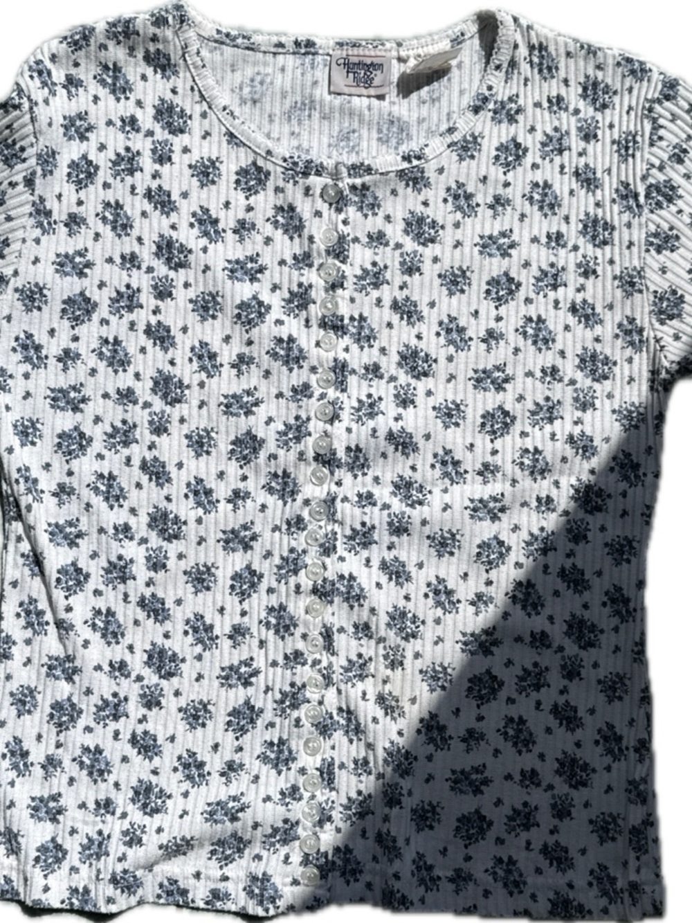 White Floral Button-Front Ribbed Top